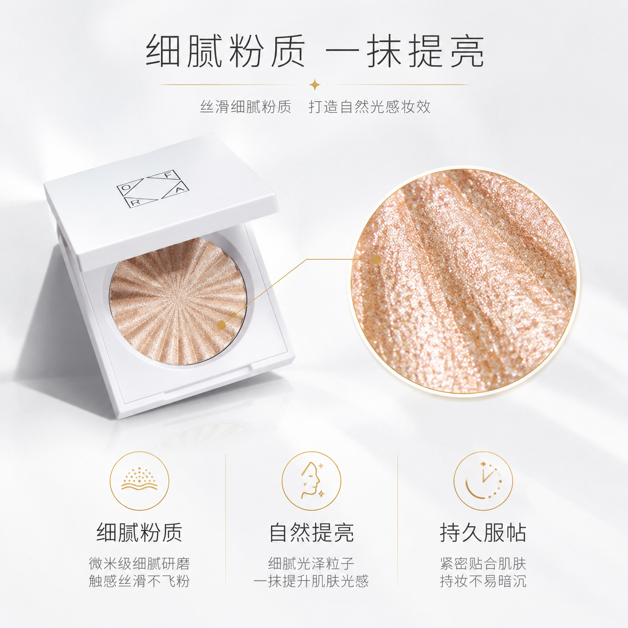 [主图-2] OFRA高光粉饼核心卖点展示，粉质细腻与提亮效果… - 图片创意预览