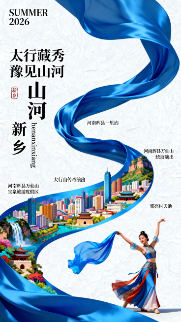 2026中国城市系列宣传海报，主题为【河南新乡】。现代、多彩、明亮通透的国潮风，竖版9:16。大面积白色纹理留白背景，一条从右下向左上盘旋的蓝色色丝绸形成S型主构图。右下角一位东方女性挥舞蓝绸，服饰需预览效果