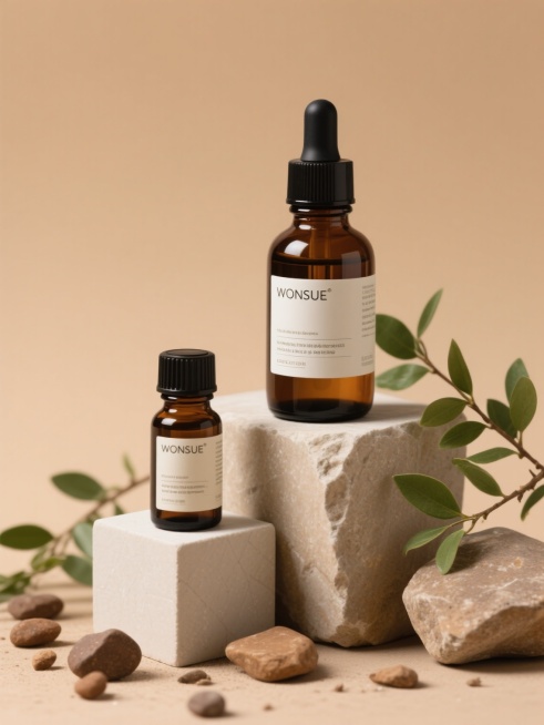 画面中有两瓶护肤品，大瓶是带黑色滴管盖的棕色玻璃瓶，小瓶是带黑色瓶盖的棕色小玻璃瓶，瓶身标签均印有"WONSUE"等字样。它们被放置在石块和几何方块上，周围有绿色枝叶，地上散落着一些褐色石头，背景为浅预览效果