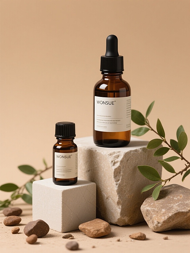 画面中有两瓶护肤品，大瓶是带黑色滴管盖的棕色玻璃瓶，小瓶是带黑色瓶盖的棕色小玻璃瓶，瓶身标签均印有"WONSUE"等字样。它们被放置在石块和几何方块上，周围有绿色枝叶，地上散落着一些褐色石头，背景为浅棕色，整体风格自然简约。