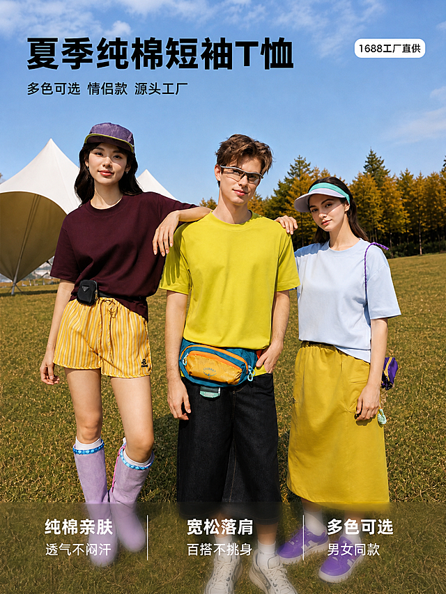 [主图-1] 夏季户外露营休闲短袖T恤正面三人穿搭首图。
[氛围风格] 户外露营自然松弛风，年轻活力，1688源头工厂品质感，自然抓拍感。
[画质] 商业摄影质感、光线柔和通透、产品清晰真实、画面干净高级。
[元素] 画面中央三位年轻亚洲模特并排站立，正面朝向镜头，展示三款不同颜色的纯棉短袖T恤：左侧女生穿酒红色短袖T恤搭配黄色条纹短裤与紫色长靴，头戴紫色拼色棒球帽，腰间黑色小腰包；中间男生穿荧光黄绿色短袖T恤搭配黑色牛仔中裤，腰间蓝黄拼色腰包，戴透明方框墨镜；右侧女生穿浅蓝色短袖T恤搭配芥末黄色半身长裙，头戴浅紫拼绿色空顶帽，肩挎紫色小包。三人姿态自然放松，女生手臂轻搭男生肩膀，表情阳光微笑。背景为户外露营草地，远处白色天幕帐篷与金黄色树林，蓝天白云，场景开阔自然。**保持三款T恤外观（即物理结构、材质质感、颜色、落肩宽松版型）与输入产品图保持绝对一致，杜绝任何变形和色差，精细化处理**。商品主体（T恤）占比控制在画面60%-70%，人物头部不顶边，全身完整不裁切。画面满屏无边框。
[光影] 自然日光为主光，上午侧顶光柔和明亮，人物面部光线均匀，衣物褶皱处有自然明暗过渡，草地与背景有层次虚化，整体通透有活力，无硬阴影，无过曝。
[配色] 主色自然绿（草地树林）+ 天蓝；辅色酒红、荧光黄绿、浅蓝、芥末黄；强调色白色天幕。
[视角构图] 平视正面中景，三人并列为视觉中心，前中后景分层，景深中等，背景适度虚化突出人物与T恤主体。
[文字版式] 左上负空间左对齐，两行主辅文案。大字主标题"夏季纯棉短袖T恤"，黑色粗体无衬线最大号；辅助短句"多色可选 情侣款 源头工厂"，约半高同色系。右上角小标签"1688工厂直供"，白底深字圆角矩形。底部通栏极轻微半透明蒙层均分三列，左对齐：列一「纯棉亲肤」「透气不闷汗」列二「宽松落肩」「百搭不挑身」列三「多色可选」「男女同款」，上层短句粗体下层说明常规，白字与浅底强反差。
[输出要求] 3:4 比例，文字清晰锐利，画面超高清商业摄影质感。
[负向提示词] 变形，文字错乱，产品图模糊，背景杂乱，水印，电商平台Logo，多余的手，多余的手指，畸形手，融合手指，手部扭曲，肢体穿模，人物面部扭曲，关节反折。