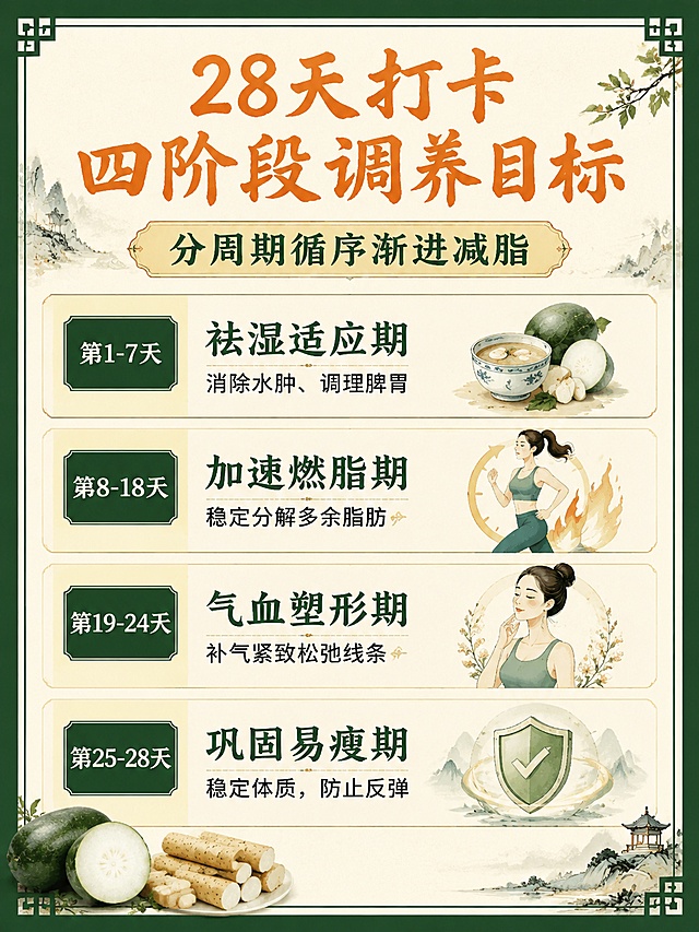 3:4小红书竖版科普海报，风格1-新中式复古手绘减脂干货风；外层深墨绿粗边框，米黄宣纸肌理底色；
顶部橙色书法一级标题：28天打卡四阶段调养目标；二级暖黄底小标题：分周期循序渐进减脂；
横向四等分周期栏，搭配对应手绘小图标：
1.第1-7天祛湿适应期：消除水肿、调理脾胃
2.第8-18天加速燃脂期：稳定分解多余脂肪
3.第19-24天气血塑形期：补气紧致松弛线条
4.第25-28天巩固易瘦期：稳定体质，防止反弹；
边角点缀冬瓜、山药实拍食材小图，留白充足，排版对称工整「图片1」