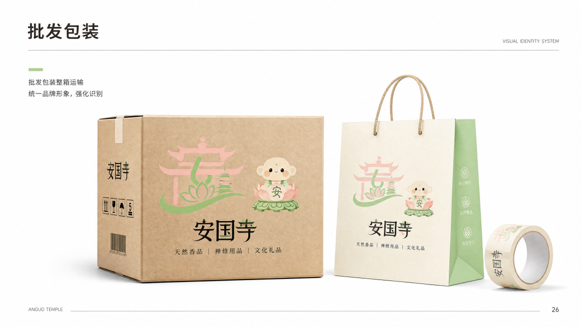 [第26页 包装物料类-批发包装] 16:9横版VI手册页面，国际主义设计风格，排版简洁，白色背景，顶部标题"批发包装"，中央展示简约批发包装设计，印有规范安国寺品牌标识，版面干净，秩序感强，现代简洁预览效果