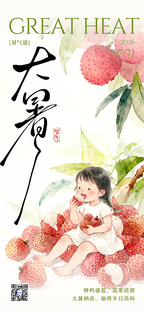 大暑国风荔枝节气祝福海报
