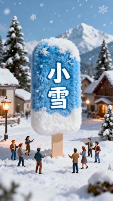主体是巨型蓝白毛绒质感的冰棍（中间写着大字“小雪”）立于雪地，周围有人群互动，背景是飘雪的欧式雪乡（带灯盏、雪松、雪山），风格写实且富有毛绒质感预览效果