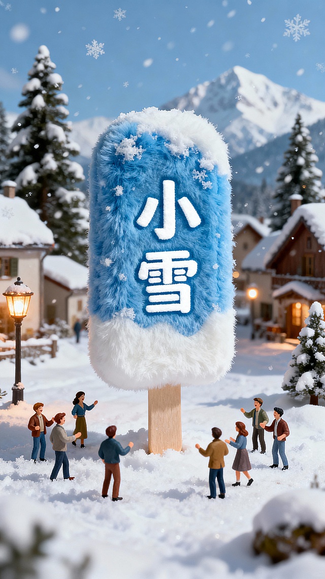 梦幻感十足的微缩雪景，3D毛绒质感“小雪”冰棒立牌，搭配温馨可爱的微型人物互动，营造出温暖童趣的冬日氛围。