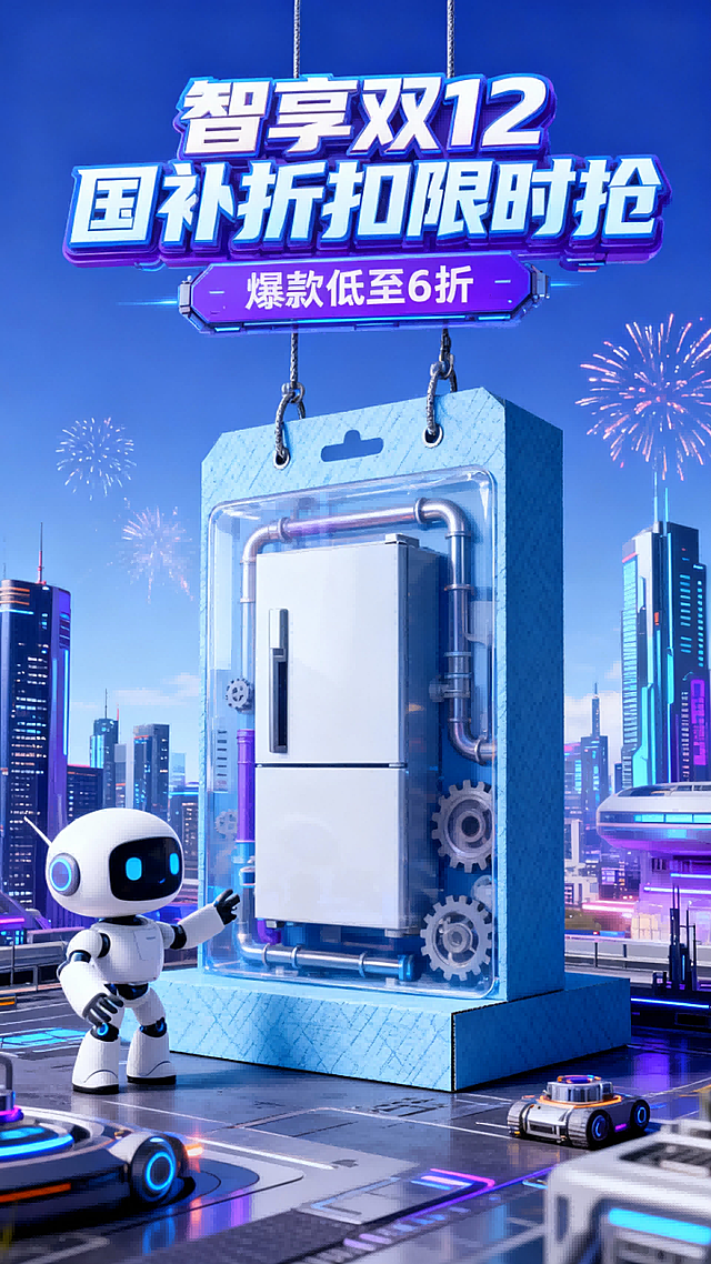 3D半写实风格，画面主视觉是巨大吊卡盒，包装盒背面、底部是浅蓝色纹理硬卡纸，正面塑料板覆盖。内列图示商品，点缀管道、齿轮等装饰；包装盒旁有白色卡通机器人互动。蓝色、紫色为主色调，背景是未来城市景观（高楼建筑、烟花），地面点缀科技设施。顶部主标”智享双11 国补折扣限时抢“，副标”爆款低至6折“，机械风高创意艺术字设计。