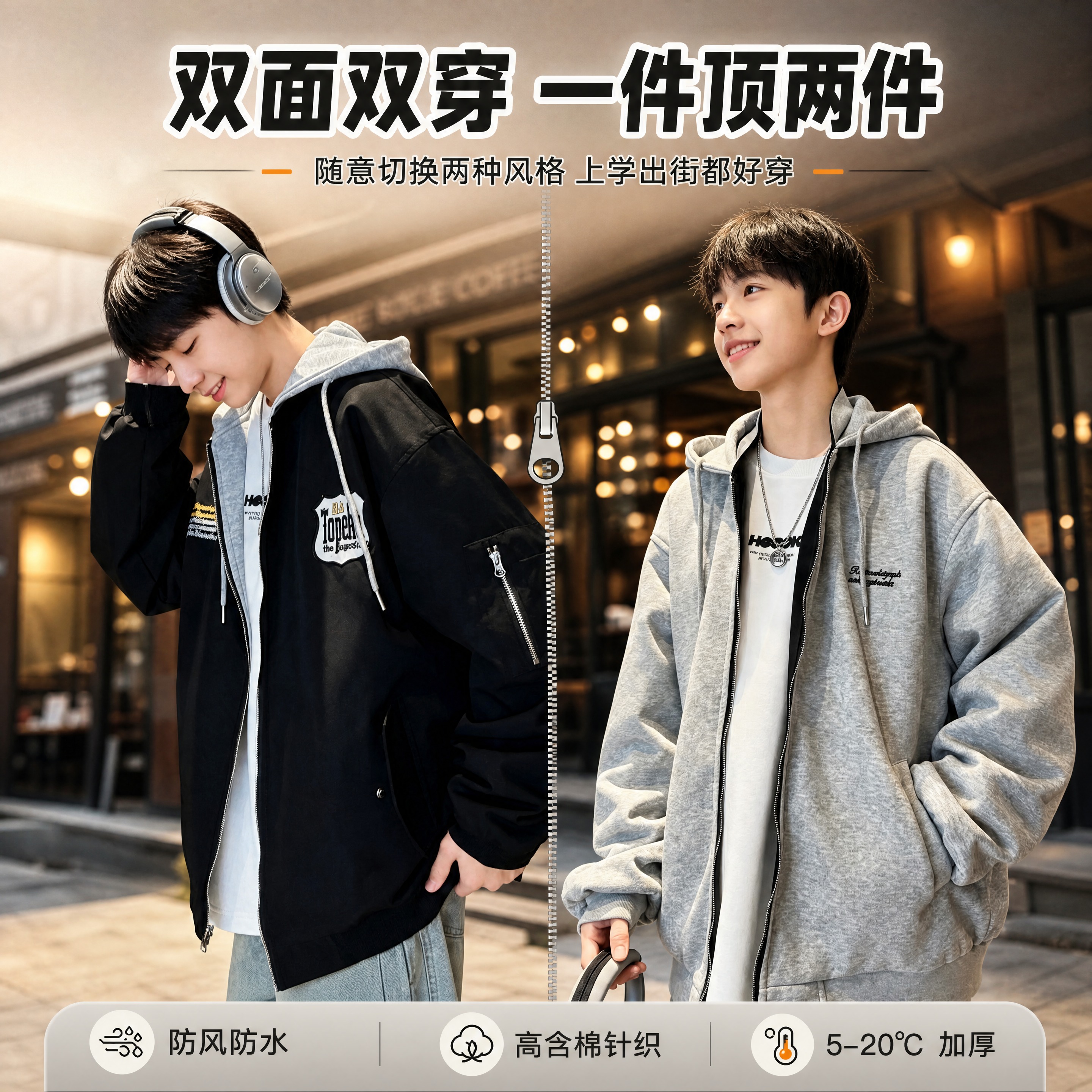 [商品] 使用【图1】灰色高含棉针织开衫面 + 【图2】黑色防… - 图片创意预览