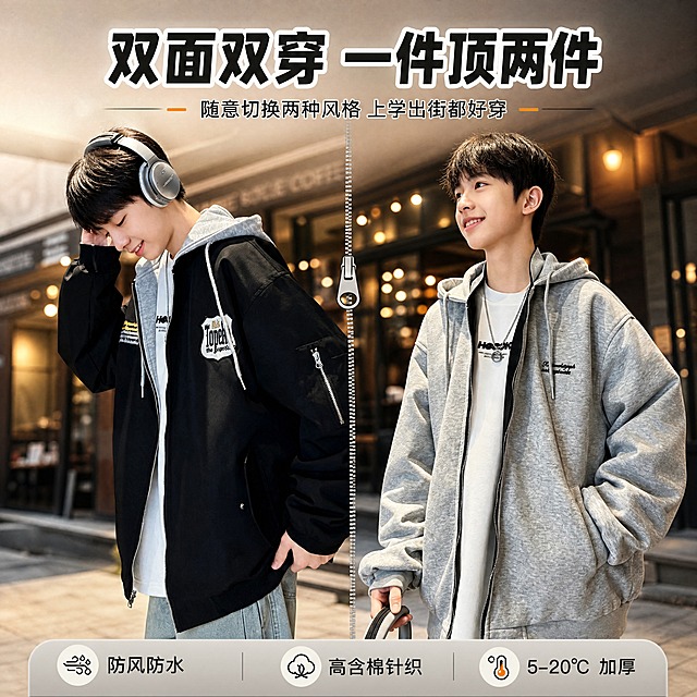 [商品] 使用【图1】灰色高含棉针织开衫面 + 【图2】黑色防风防水假两件夹克面；同一男童模特、同一款双面外套；保留外套两面的版型、颜色、连帽、拉链、口袋、徽章刺绣、英文印花、面料纹理和五金细节；自然去皱，理顺垂坠，增强面料质感与缝线清晰度，不改变版型结构与颜色。
[画面] 目标：第1张·风格头图海报，突出「双面双穿 一件顶两件」核心概念；左右分屏构图，左侧展示黑色夹克面（使用图2），右侧展示灰色针织面（使用图1），中间用细分割线或拉链元素做视觉连接；模特为同一亚洲少年，左右两侧姿势略有不同（左侧侧身低头戴耳机、右侧正面微笑），背景统一为暖调咖啡店街景虚化，形成一件衣服两种风格的强烈对比；主体占画面70%，上方留白放主标题，下方放副标题与短卖点标签。
[视觉] 套系策略：风格=少年感街头休闲风·暖调咖啡街景商业摄影；标题字=粗黑体+轻描边，潮流海报感；正文字=简洁无衬线体；主色=炭黑+麻灰；背景延展=暖棕咖啡店场景+浅灰渐变信息卡，同色系深浅层级；强调色=暖橙/姜黄，仅用于小面积标签、引线、数字高亮；标题色=白色+黑色描边（叠在画面上）/ 深炭灰（信息卡上）；正文色=中暖灰；组件=圆角信息卡、细线引线、胶囊形卖点标签；光影=左前侧暖柔光，背景暖光斑点缀。
[文字] 主标题「双面双穿 一件顶两件」，副标题「随意切换两种风格 上学出街都好穿」，下方3个胶囊标签：「防风防水」「高含棉针织」「5-20℃ 加厚」；标题位于画面上方居中，副标题在主标题下方，卖点标签横向排列于画面底部；所有文字横排，不遮挡模特脸部与外套主体。
[规格] 图片比例1:1方形，分辨率4K，负向提示：避免变形、错字、文字过小、两面颜色互换、版型失真、极限词、二维码、平台Logo、冷蓝背景、模特脸部不一致。