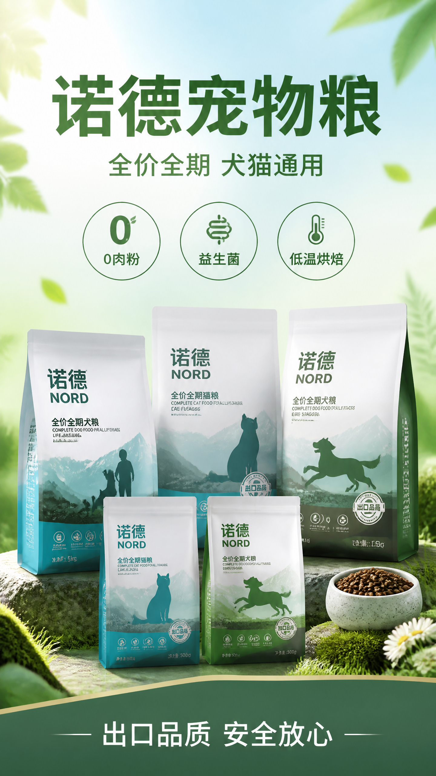 宠物食品宣传海报，竖版构图。画面中央展示多款宠物食品包装袋，排… - 图片创意预览