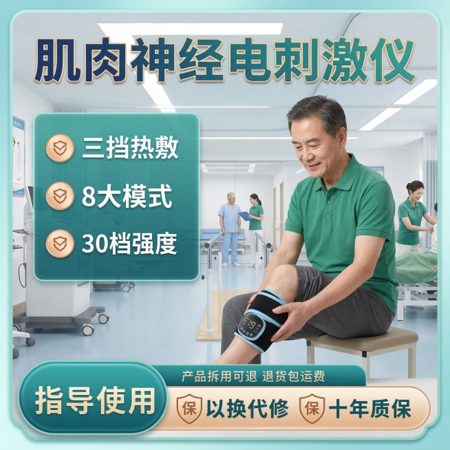 基于原图重新修改生成：保持产品（肌肉神经电刺激仪）外观完全不变，更换为全新中老年男性亚洲模特，改变为腿部康复佩戴动作，更换背景为医院康复训练中心过道场景，保留全部卖点文字内容：肌肉神经电刺激仪 三挡热预览效果