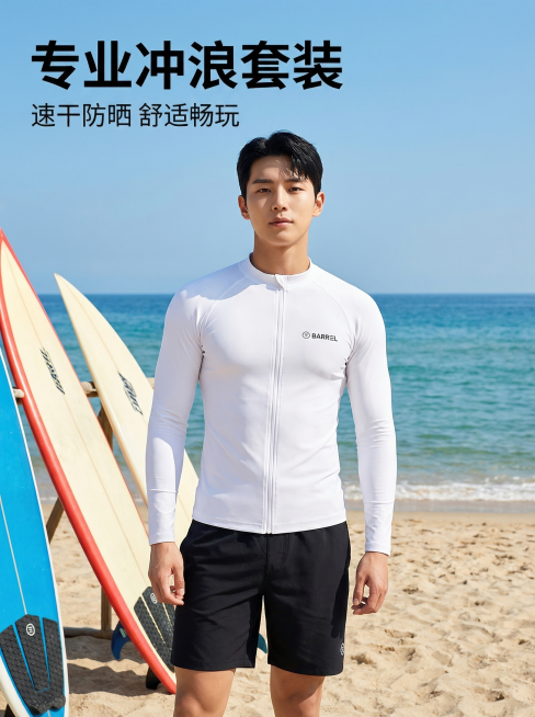 [主图 1] 韩国男模特穿着白色拉链冲浪服和黑色沙滩短裤在沙滩场景展示
[氛围风格] 夏日活力运动风，阳光沙滩氛围，阳光明媚充满活力。
[画面元素] 商业摄影质感，光线柔和通透，产品清晰真实，画面干净预览效果