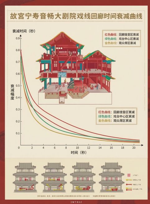 参考原图的国风插画扁平风格，生成故宫畅音阁大戏楼回廊拢音系统混响时长的衰减曲率图，画面清晰，带有图例解释，仅展示图表，不需要额外文字内容预览效果
