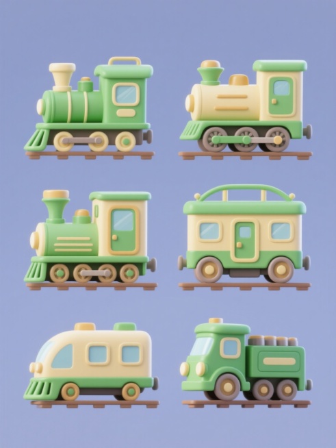 一套6个不同造型的卡通风格火车元素系列素材集合，每个火车均保持绿色与米黄色为主色调的配色方案，采用圆润流畅的线条和简洁的几何形状设计，具有明亮均匀的光影效果和轻微的立体阴影，火车细节包括车窗、车门、车轮和车顶设备等均以卡通化方式呈现，所有火车元素规整地横向等间距排布在纯色背景上，整体风格统一且富有童趣，适合作为系列图标或装饰素材使用。预览效果