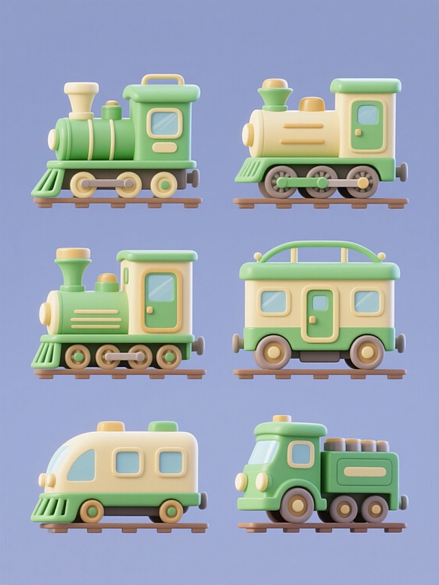 一套6个不同造型的卡通风格火车元素系列素材集合，每个火车均保持绿色与米黄色为主色调的配色方案，采用圆润流畅的线条和简洁的几何形状设计，具有明亮均匀的光影效果和轻微的立体阴影，火车细节包括车窗、车门、车轮和车顶设备等均以卡通化方式呈现，所有火车元素规整地横向等间距排布在纯色背景上，整体风格统一且富有童趣，适合作为系列图标或装饰素材使用。