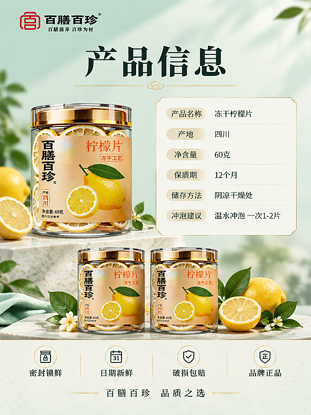 [商品] 使用【图1】百膳百珍冻干柠檬片罐装产品和【图2】品牌Logo；保留罐身金色盖子、透明罐体、柠檬片内容物、"百膳百珍"品牌名、"柠檬片""冻干工艺""产地四川""净含量60克"等标签文字；品牌Logo包含红色宫字图标+百膳百珍黑色字体+百膳滋养百珍为材slogan，放置在左上角固定位置。产品外观、颜色、比例、材质保持一致。
[画面] 详情页第7张，规格参数与品牌收尾页，目标是提供完整产品信息并强化品牌印象，促进转化。规格信息+品牌承诺型高端版式。画面左侧展示产品罐正面，占画面约35%，放置在精致台面上。右侧是精致的规格信息卡，细线边框，内容清晰。画面底部有两罐产品并排陈列，周围点缀柠檬和绿叶，营造囤货收束氛围。背景是浅青绿色到米白的柔和渐变，干净高级。左上角固定品牌Logo。
[视觉] 套系策略：风格=天猫高端东方雅致商业摄影；标题字=粗黑体厚重有力；正文字=简洁宋体；主色=蒂芙尼蓝(浅青绿)；背景延展=基于蒂芙尼蓝做深浅渐变、米白过渡和细腻光斑/纸张质感；强调色=中国红，仅用于品牌Logo、小面积标签和重点高亮；标题色=深墨绿/黑色；正文色=中灰；组件=圆角细线信息卡、极细引线、金色装饰线；光影=高端棚拍柔光，均匀布光，产品立体感强，整体干净通透。
[文字] 左上品牌Logo固定。顶部主标题"产品信息"粗黑体大字。右侧规格卡内文字：产品名称 冻干柠檬片、产地 四川、净含量 60克、保质期 12个月、储存方法 阴凉干燥处、冲泡建议 温水冲泡 一次1-2片。底部品牌承诺区，4个精致图标+文字横向排列："密封锁鲜""日期新鲜""破损包赔""品牌正品"。最底部收尾文案"百膳百珍 品质之选"。排版对称精致，手机端清晰可读。所有文字横排。
[规格] 图片比例3:4竖版，负向：变形、错字、文字过小、模糊、杂乱、水印、平台Logo、悬浮、穿模、廉价感、过度装饰、冷蓝/蓝灰背景。