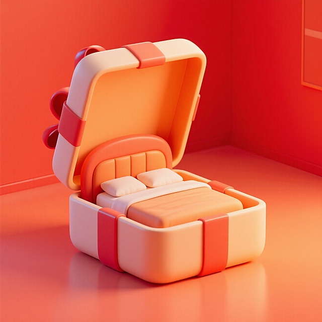 软3D风设计，可爱卡通感的便携床，温暖色调，简约创意。