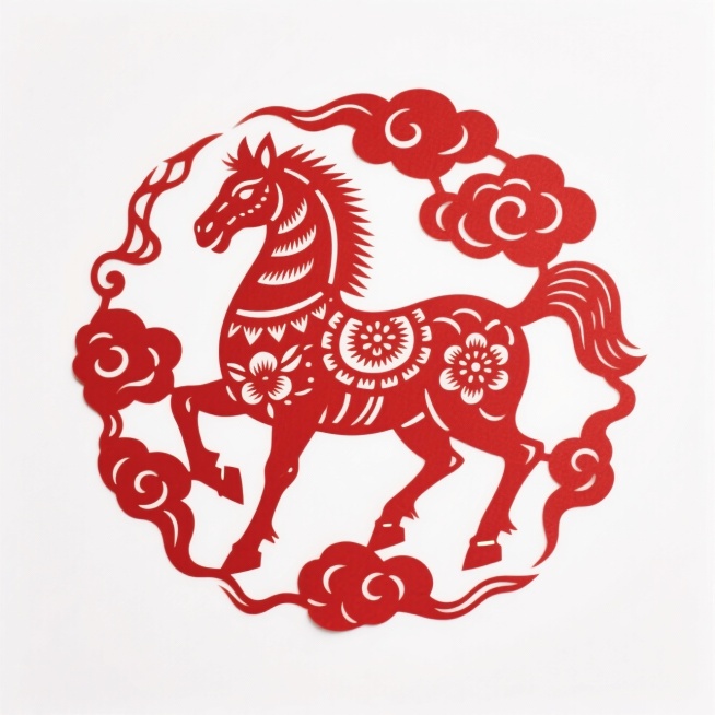 生肖马图腾，红色镂空骏马造型，装饰吉祥花纹，周围环绕祥云、如意纹样，对称构图，白色背景预览效果