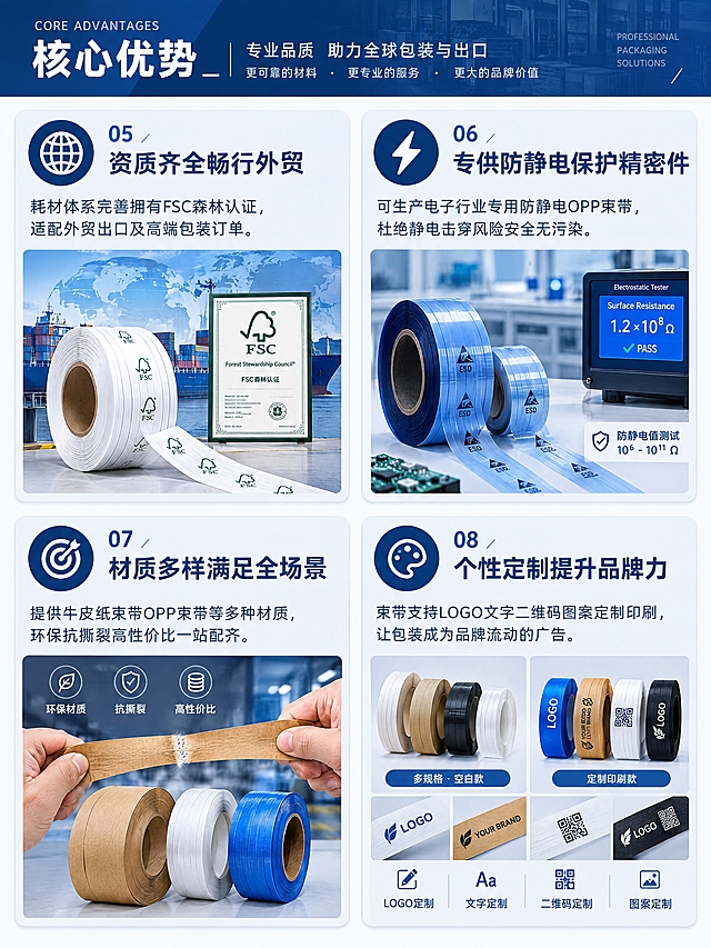 电商详情页，核心优势第5-8，四宫格布局。工业风专业商务感，深蓝白主色调。2列2排共四张卡片，每张含图标+标题+说明+小图。左上卡片：资质齐全畅行外贸，地球图标，说明：耗材体系完善拥有FSC森林认证，适配外贸出口及高端包装订单，配图纸带加FSC证书。右上卡片：专供防静电保护精密件，闪电图标，说明：可生产电子行业专用防静电OPP束带，杜绝静电击穿风险安全无污染，配图OPP防静电带子加防静电值测试。左下卡片：材质多样满足全场景，靶心图标，说明：提供牛皮纸束带OPP束带等多种材质，环保抗撕裂高性价比一站配齐，配图手持束带撕开拉扯动作。右下卡片：个性定制提升品牌力，调色盘图标，说明：束带支持LOGO文字二维码图案定制印刷，让包装成为品牌流动的广告，配图多规格束带空白加印刷款对比。浅灰背景卡片圆角。竖版3:4，4K高清。