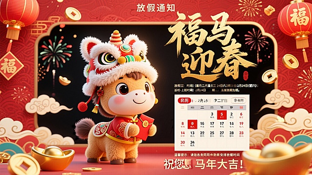 1.文案信息：大标题文案“福马迎春”采用醒目的金色中国书法字，搭配可爱的卡通小马形象，营造欢乐吉祥的节日氛围。
小马身着传统中式服饰，头戴舞狮帽，嘴里叼着红包，形象生动可爱，极具亲和力，特别适合面向学生或家长群体。

2.核心内容：放假通知
明确标注“**放假通知**”，下方详细说明：
**放假时间**：2月15日（腊月二十八）至2月24日（初八）
**返校/上课时间**：2月24日（星期二）恢复正常上班
**温馨提示**：请各位同事合理安排假期时间—— 体现人文关怀，提醒学生劳逸结合。

3.日历展示：直观清晰
 海报中部嵌入一个**农历+公历对照的日历表**，重点标出：
**除夕（2月16日）**
**春节（2月17日）**
**初八（2月24日）** —— 放假最后一天
 **初八（2月24日）** —— 返回日
-日历设计简洁明了，红色方块突出重要日期，便于用户快速识别。

4.视觉元素与文化符号
**背景主色调为中国红 + 金色祥云纹样**，象征喜庆与吉祥。
**烟花、灯笼、金元宝**等传统节日元素点缀四周，增强节日氛围。
**“福”字、如意云纹、红包**等细节丰富画面，提升视觉层次感。
卡通小马形象融合了“舞狮”、“生肖”、“红包”三大文化符号，既有传统韵味，又具现代审美。

 5. **底部祝福语：情感共鸣**
**祝您马年大吉，新春快乐，阖家团圆！**” —— 用温暖的语言拉近与用户的情感距离，强化品牌温度。