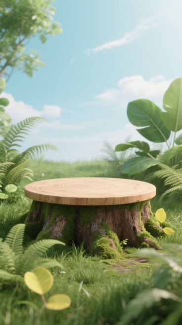 超写实3D渲染风格的自然场景背景，柔和明亮的光线从上方均匀洒落，营造出清新宁静的氛围。画面中央是一个圆形木质平台，表面光滑且清晰呈现自然木纹肌理，边缘有细微的磨损痕迹，平台下方是覆盖着翠绿苔藓的土褐色树桩底座。树桩周围环绕着茂密的绿色草丛、形态各异的蕨类植物、宽大舒展的绿色叶片以及几片点缀其间的嫩黄色叶子，前景和背景有虚化的绿色植物形成自然边框，上方是纯净的浅蓝色天空，飘着几缕淡淡的白云，整体……预览效果