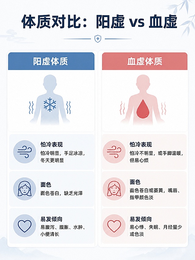 保留原海报的左右分栏对比布局和标题'体质对比：阳虚 vs 血虚'，简化内容，只保留怕冷表现、面色、易发倾向三个核心对比项，整体排版保持简洁清爽，中医科普风格，去掉其他多余项目