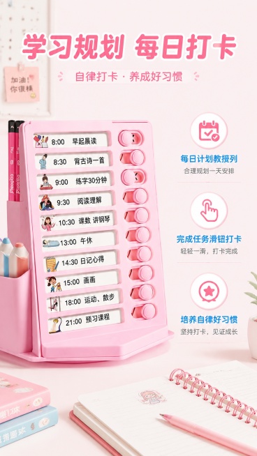 [第5屏] 打卡功能细节展示，突出学习计划自律打卡设计。本屏使用【图1】粉色款产品作为主体。
[氛围/风格] 温馨学习风，浅粉清新背景，细节清晰展示，充满学习氛围感。
[元素布局] 画面左侧展示打卡区预览效果