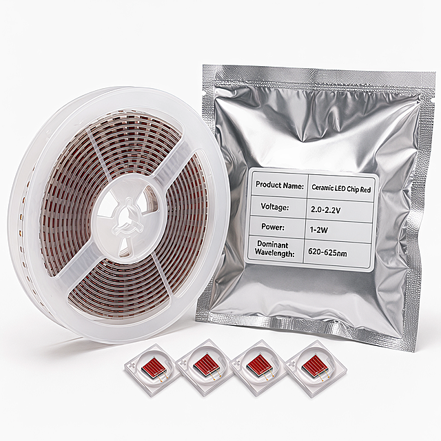 生成Ceramic LED Chip Red的包装展示图，布局为：前景是卷盘（绞盘），旁边放一个防静电真空铝箔袋，铝箔袋上印所有对应产品规格信息：Product Name: Ceramic LED Chip Red，Voltage: 2.0-2.2V，Power: 1-2W，Dominant Wavelength: 620-625nm。在卷盘前方放几个单独的小灯珠产品，保持原图中小灯珠的外观细节不改变，整体简约专业电商展示风格，所有文字均为英文，图片尺寸1000x1000。