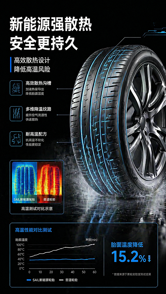 基于轮胎参考图，制作新能源轮胎强散热安全卖点图，保持深空黑背景，用科技蓝标注散热纹路，添加高温防护示意，延续参考图的极简科技风统一配色，适合作为详情页模块，8K写实商业摄影风格