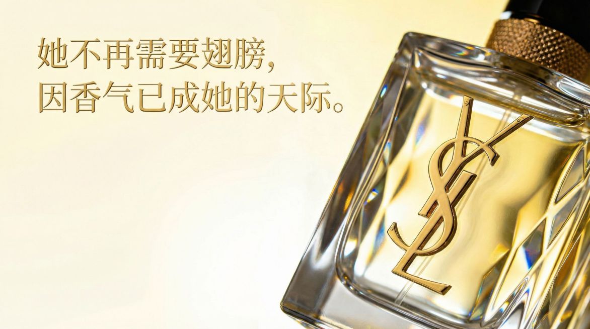 在左上方空白处添加文案她不再需要翅膀，
因香气已成她的天际。预览效果