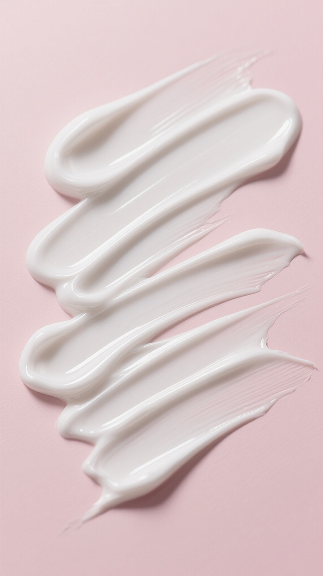 超高清质感的白色膏体，呈现出细腻丝滑的涂抹纹理，边缘带有自然的不规则波浪状起伏，表面光滑有光泽，带有柔和的高光和阴影，展现出丰富的层次感和立体感。膏体造型为从左上角向右下角延伸的多道平行涂抹痕迹，彼此间有轻微的交叠和融合，形成自然流畅的视觉效果。背景为纯净的淡粉色，质地均匀，与白色膏体形成鲜明对比，整体画面简洁干净，突出膏体的质感和造型，光线从斜上方照射，营造出柔和自然的光影效果，呈现出高级简约的视觉风格。