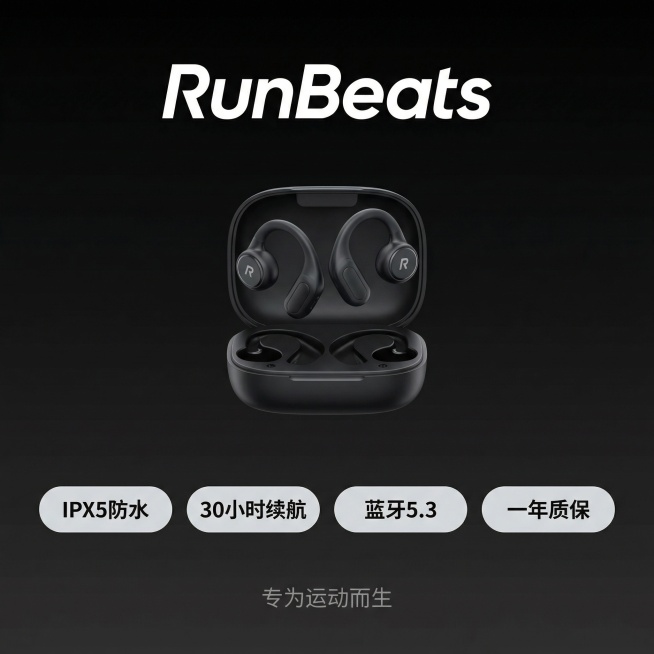 [主图 5] RunBeats开放式气传导蓝牙耳机全套规格售后展示
[氛围/风格] 整洁简约，信息清晰，品牌统一。
[画面元素] 一对耳机加充电盒整齐排列在画面中心偏上位置，下方排列四个圆角胶囊卖点信预览效果