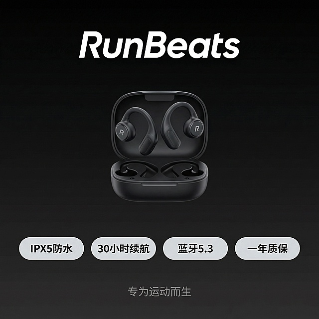 [主图 5] RunBeats开放式气传导蓝牙耳机全套规格售后展示
[氛围/风格] 整洁简约，信息清晰，品牌统一。
[画面元素] 一对耳机加充电盒整齐排列在画面中心偏上位置，下方排列四个圆角胶囊卖点信息框，背景为纯净渐变黑色，整体简洁干净。
[配色色系] 主色调：纯黑；辅助色：白色文字，浅灰色胶囊背景。
[视角构图] 中心对称构图，平视视角。
[文字版式] 顶部品牌名 "RunBeats" 大号白色品牌字体；四个胶囊卖点从左至右："IPX5防水"、"30小时续航"、"蓝牙5.3"、"一年质保" 黑色文字浅灰底；底部居中品牌slogan "专为运动而生" 小号浅灰色文字。整体信息层级清晰，不遮挡产品主体。
[比例分辨率] 1:1 比例，2k分辨率