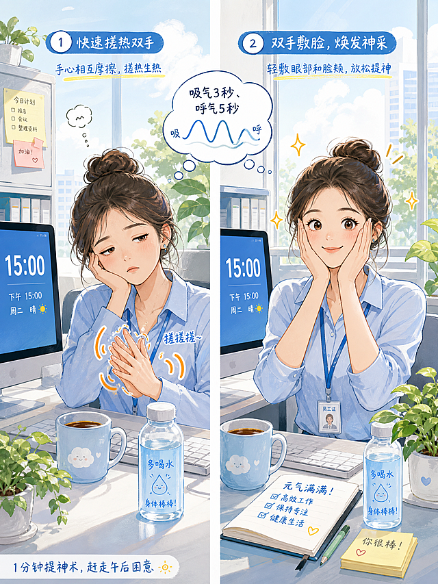 明亮现代的办公室场景，一位年轻女性坐在工位上，电脑屏幕显示下午三点。她双手食指中指按在太阳穴上，闭眼，头部旁边有一个小气泡，里面画着深呼吸的波纹（吸气3秒、呼气5秒）。同一画面分两部分：她的手正在快速搓动（有弧线表示摩擦生热），然后双手敷在脸上，表情从困倦（眼睛半闭、托腮）变得精神焕发（眼睛明亮、嘴角上扬）。背景有绿植、水杯，窗外阳光明媚。整体色调明亮清新，浅蓝色、米白色为主。画风为手绘插画风格，生动活泼。画面角落写一行小字"1分钟提神术，赶走午后困意"。比例3:4