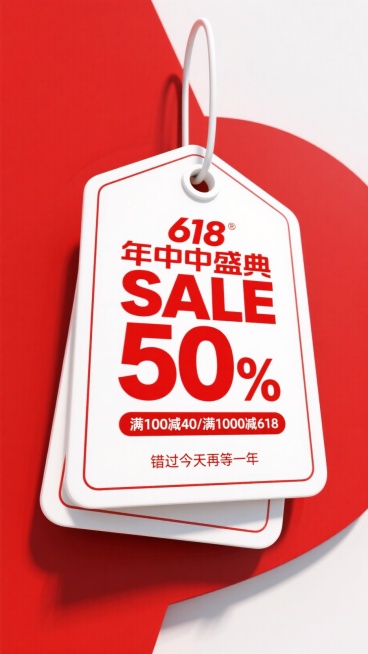 一个巨大的白色吊牌样式。中间文案（主标题红色粗体“618年中盛典 SALE 50%”，副标题“满100减40/满1000减618”。下方文案“错过今天再等一年”）。背景红白色系对比预览效果