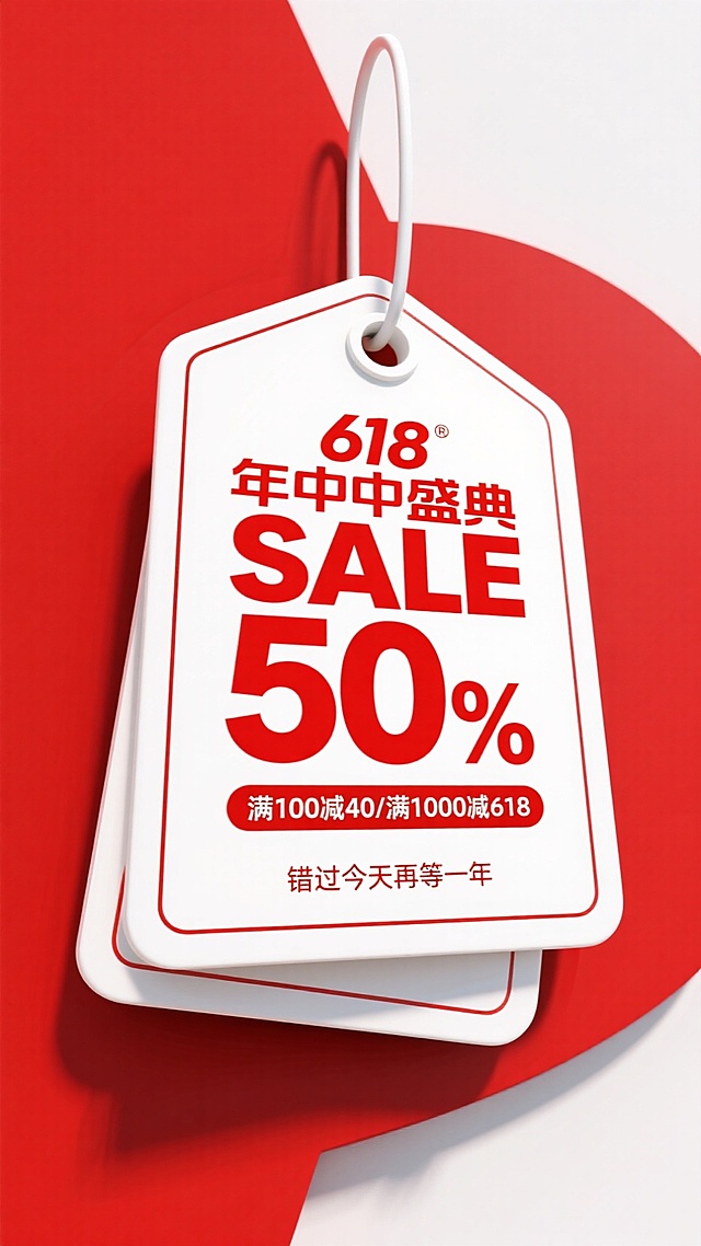 一个巨大的白色吊牌样式。中间文案（主标题红色粗体“618年中盛典 SALE 50%”，副标题“满100减40/满1000减618”。下方文案“错过今天再等一年”）。背景红白色系对比