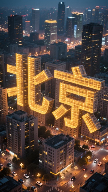 俯瞰城市楼景，用楼摆出北京两个字，夜景展示，真实清晰预览效果