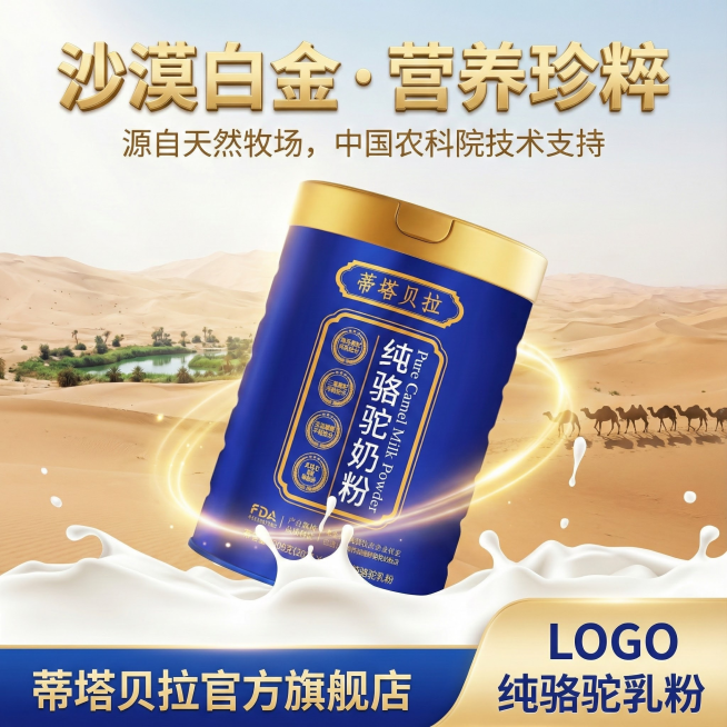 图1：品牌价值图 - 吸引点击
主题/大标题：沙漠白金 · 营养珍粹

副标题/口号：源自天然牧场，中国农科院技术支持

视觉画面：

背景：广袤纯净的沙漠与绿洲远景，或骆驼在自然牧场中的场景，营造天预览效果