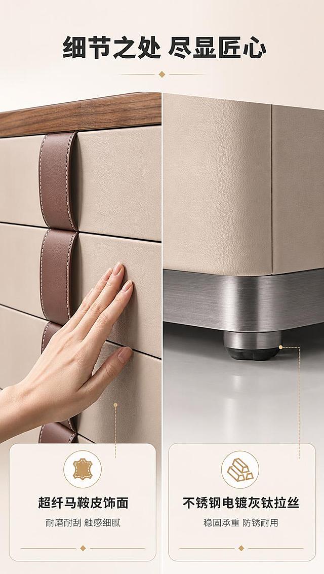[商品] 使用【图1】DX-8829餐边柜/中岛台；保留八抽屉结构、米色马鞍皮柜体、棕色皮革拉手带、胡桃木台面、不锈钢底架的整体结构、颜色、材质和比例；商品处理：重点增强超纤马鞍皮的细腻纹理和不锈钢底架的金属拉丝质感，皮革缝线清晰，金属光泽自然，不改变产品结构。
[画面] 目标：材质工艺证明，展示马鞍皮饰面与不锈钢底架。构图：左右分栏，左侧约50%展示马鞍皮抽屉面特写，右侧约50%展示不锈钢底架特写。左侧特写：抽屉面马鞍皮纹理、棕色皮革拉手带的缝线细节，一只手轻轻触摸皮革表面展示触感。右侧特写：底架不锈钢电镀灰钛拉丝工艺的金属光泽、边角处理，底部支撑脚细节。背景为暖白色渐变，突出材质质感。
[视觉] 套系策略：风格=现代轻奢高级商业摄影；标题字=现代无衬线粗体（思源黑体Heavy）；正文字=简洁无衬线体（思源黑体Regular）；主色=暖米白+胡桃木棕；背景延展=基于暖米白做深浅层级、同色渐变和细腻哑光质感；强调色=香槟金，仅用于小面积图标、引线、标签和装饰线条；标题色=深炭灰；正文色=中暖灰；组件=圆角浅底信息卡、细金线引线、轻奢质感图标；光影=左前侧暖柔光，明亮通透，高光柔和。
[文字] 顶部主标题「细节之处 尽显匠心」（8字）。左侧配文：「超纤马鞍皮饰面 耐磨耐刮 触感细腻」；右侧配文：「不锈钢电镀灰钛拉丝 稳固承重 防锈耐用」。文字横向排版，分置于对应特写下方，手机端清晰可读。
[规格] 图片比例9:16竖版，4K分辨率，负向提示：避免变形、错字、文字过小、冷蓝背景、产品颜色改变、结构失真、极限词、水印、二维码。