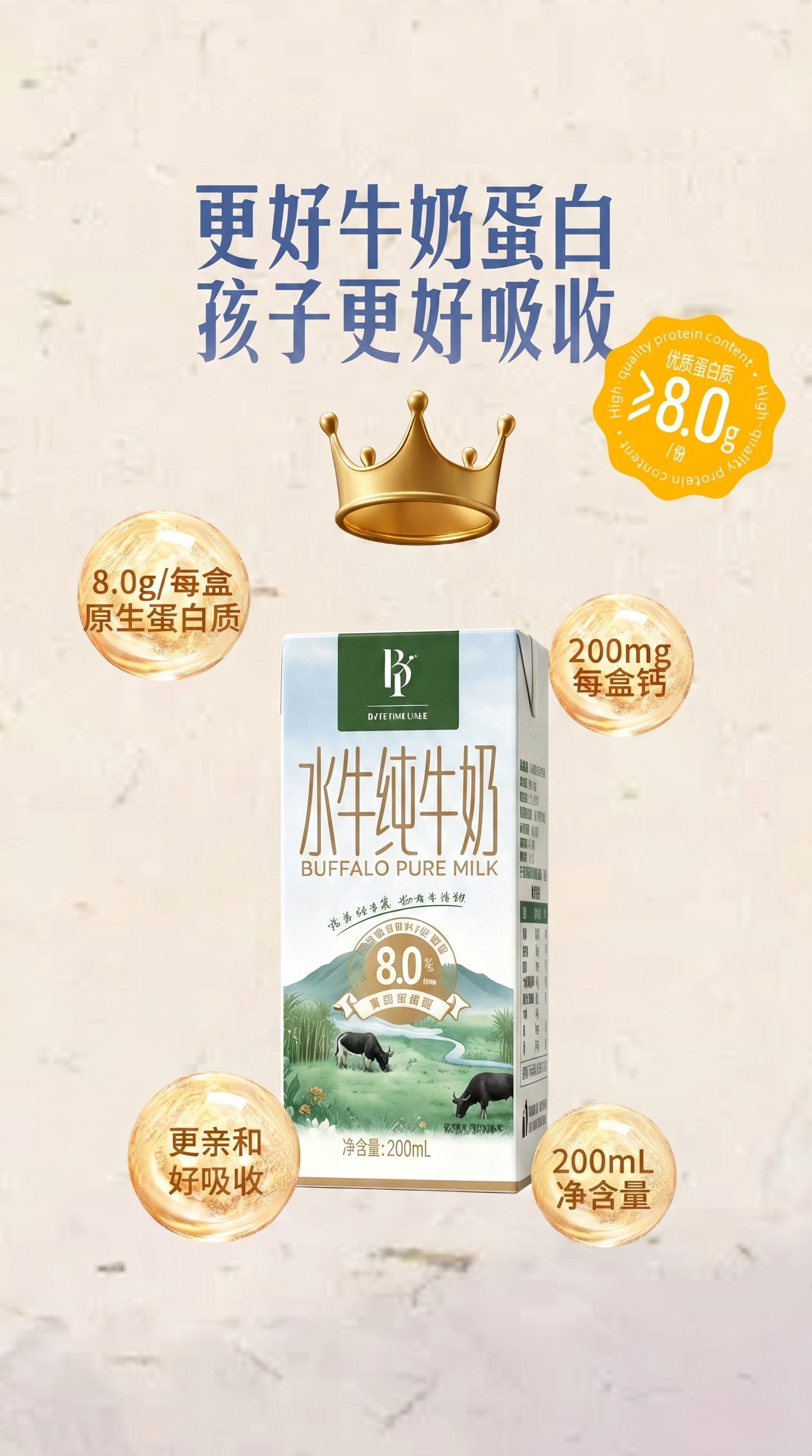 将图2海报中的牛奶盒替换为图1的200mL水牛纯牛奶包装盒，同… - 图片创意预览