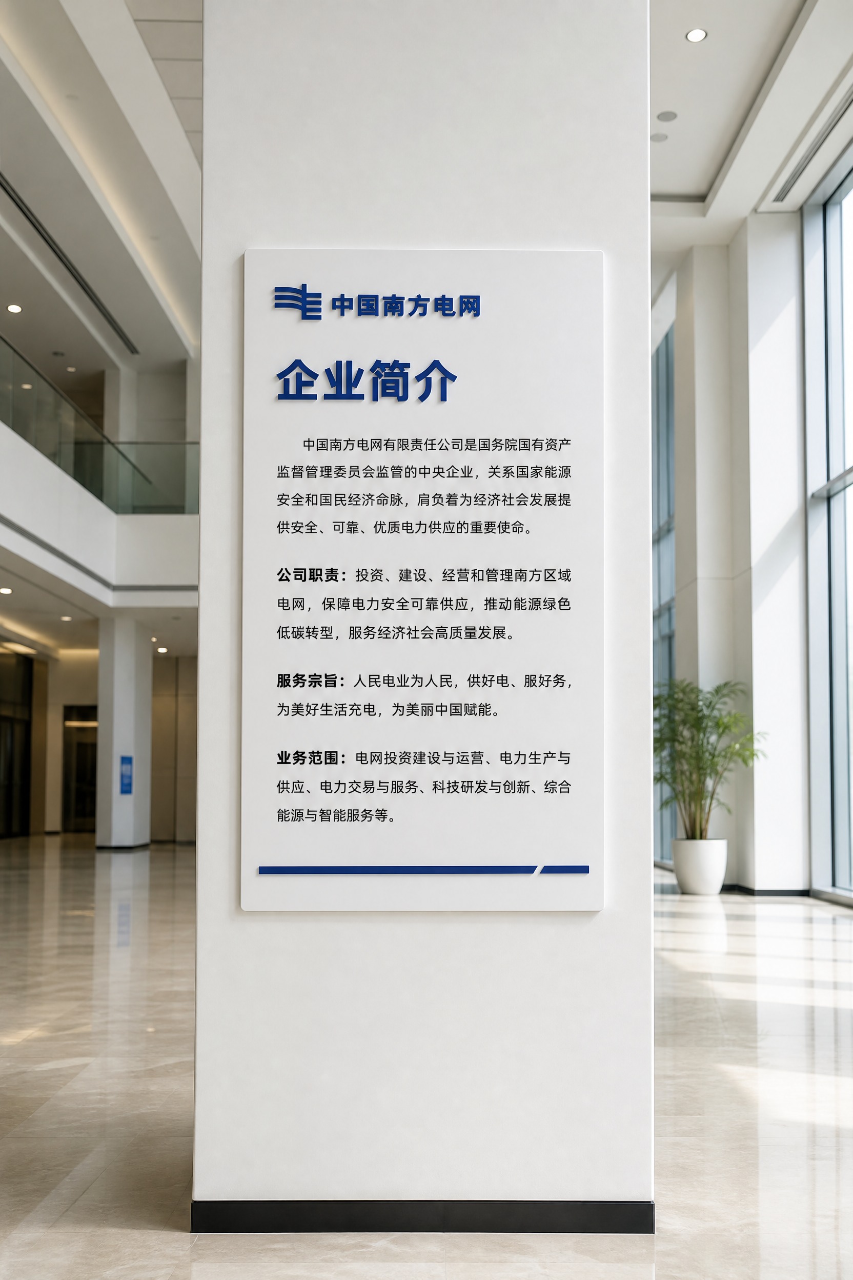 生成一张白色方形柱子上贴着南方电网企业简介立体PVC板的效果图… - 图片创意预览
