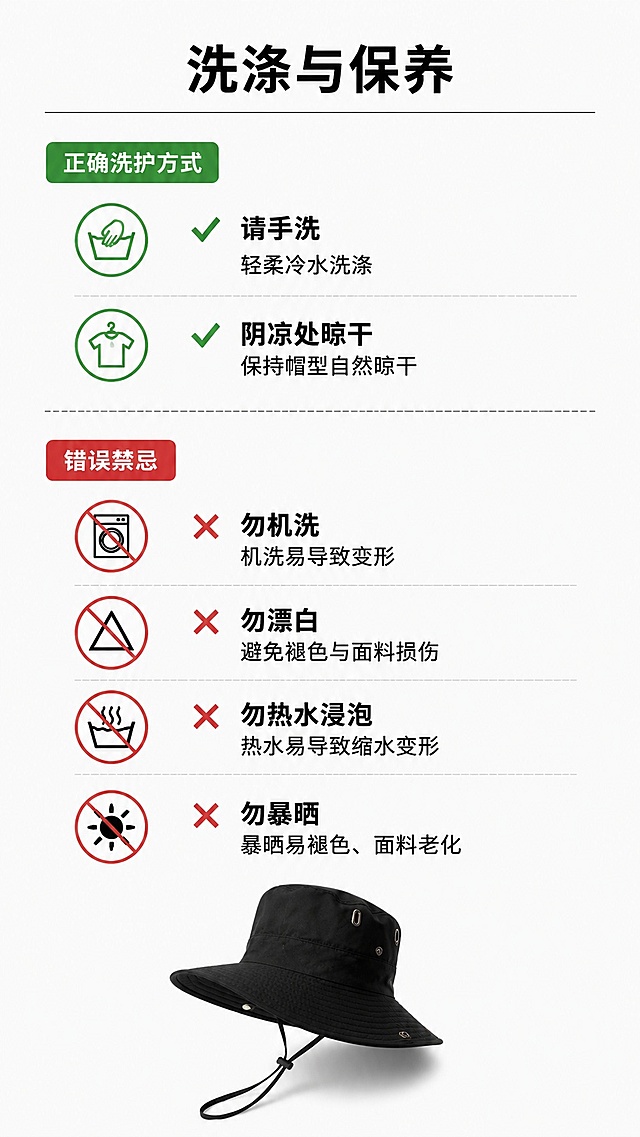 [第14屏] 洗涤保养说明屏-标注正确洗护方式。本屏使用简约说明排版。
[氛围/风格] 清晰提示，干净简洁，信息明确。
[元素布局] 顶部标题，分上下两块，上半区正确洗护方式，下半区错误禁忌，底部放小产品图，产品使用【图23】黑色渔夫帽。
[光影质感] 均匀打光，文字清晰，整体干净明快。
[配色色系] 全局底色 #f8f8f8，正确用绿色勾选标识，错误用红色叉号标识，文字黑色，对比清晰。
[视角构图] 分区排版，信息对比较清晰，符合阅读习惯。
[文字版式] 主标题「洗涤与保养」，正确事项：请手洗轻柔冷水洗涤，阴凉处晾干；错误禁忌：勿机洗，勿漂白，勿热水浸泡，勿暴晒，文字清晰排列，标识明确。
[比例分辨率] 9:16竖版比例，4K分辨率，文字清晰可辨，高清画质。
[负向提示词] 文字错乱，标识错误，产品变形，水印。