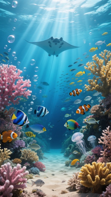 超写实风格的梦幻海底世界全景图，画面中央上方有几道从海面投射下来的强烈阳光光束，照亮整个深海场景，主色调为深浅不一的蓝色与青色，点缀着五彩斑斓的珊瑚和鱼群，光影效果柔和且具有层次感，大量气泡从海底向上漂浮。前景左右两侧布满形态各异的珊瑚礁，左侧有粉红色带白色斑点的大型珊瑚，右侧有黄色和棕色的珊瑚群，中间是一条通向深海的沙质海底通道。画面中各种海洋生物丰富多样，包括在中上方优雅游动的巨型蝠鲼，成……预览效果