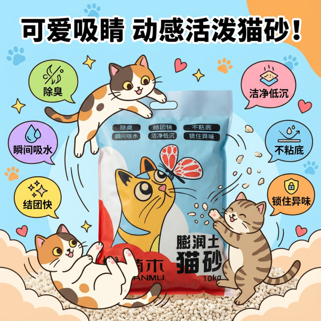 我是在拼多多卖猫砂的 帮我设计10张拼多多主图 要求可爱一点 吸睛一点 可以有小猫点缀预览效果