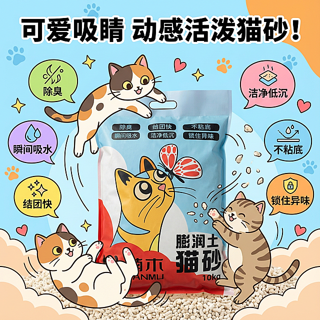 我是在拼多多卖猫砂的 帮我设计10张拼多多主图 要求可爱一点 吸睛一点 可以有小猫点缀
