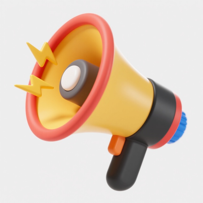 3D立体风格的警示图标，主体为黄色扩音器，喇叭口朝向左上方，手柄朝向右下方，喇叭中心有圆形按钮，左侧有两道黄色闪电符号，整体造型圆润可爱，具有平滑的表面和柔和的高光，采用不同配色方案（如红色与黑色搭配、蓝色与白色搭配、橙色与灰色搭配等），保持相同的3D立体风格和警示图标特征，白色背景，突出显示警示元素，传达提醒和注意的氛围，适合用于安全提示、警告通知等场景的设计素材。预览效果