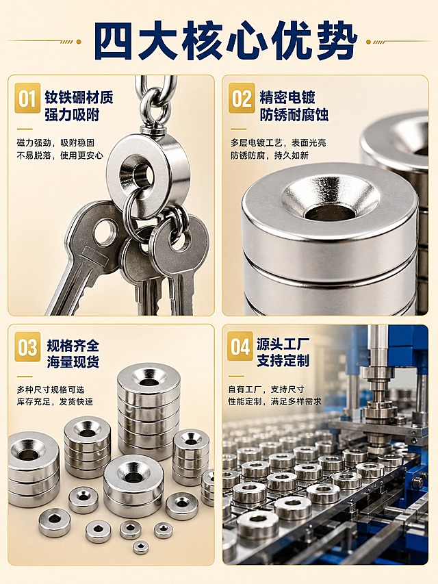 [商品] 使用【图1-图8】钕铁硼强磁 15*5*4 圆形带孔磁铁；保留圆形带孔结构、银色金属电镀外观、圆孔细节；增强金属质感和电镀层反光，保持产品真实结构。
[画面] 第2张-卖点解析，四宫格细节型。目标：展示钕铁硼强磁的4大核心优势。构图：2×2四宫格拼图，每格一个卖点场景，左上角配编号和短标题。第1格：强力吸附展示，磁铁吸附金属物件特写；第2格：精密电镀工艺，磁铁表面微距反光；第3格：规格齐全，多尺寸磁铁阵列展示；第4格：支持定制，工厂生产场景示意。每格产品角度和景别不同，避免重复。
[视觉] 套系策略：风格=蓝金工业品质风；标题字=粗黑体；正文字=黑体；主色=米金色；背景延展=米金色渐变背景，每格背景深浅略有变化但统一米金调；强调色=浅金色（#d4af37），用于编号框、装饰线和图标；标题色=深蓝色（#1a365d）；正文色=深灰色；组件=浅金色编号方框、深蓝色卖点标题、浅金色细分割线；光影=每格独立工业摄影光效，金属质感统一。
[文字] 顶部主标题"四大核心优势"深蓝色粗黑体。四格分别标注：01 钕铁硼材质 强力吸附；02 精密电镀 防锈耐腐蚀；03 规格齐全 海量现货；04 源头工厂 支持定制。每格标题深蓝色，说明文字深灰色，编号浅金色底白字。文字清晰可读，手机端可辨。
[规格] 图片比例3:4竖版，2K分辨率，避免变形、错字、文字过小、水印、平台Logo、悬浮感、产品结构失真。