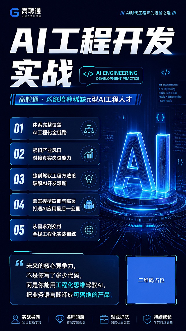 专业科技商务风AI工程开发课程招生海报，9:16竖版版式，主标题"AI工程开发实战"超大粗体字，副标题"高聘通 · 系统培养稀缺π型AI工程人才"，画面分区清晰信息卡片布局。左侧排列五大核心卖点：1.体系完整覆盖AI工程化全链路 2.紧扣产业风口 对接真实岗位能力 3.独创驾驭工程方法论 破解AI开发难题 4.覆盖模型微调与部署 打通AI应用最后一公里 5.从需求到交付 全栈工程化实战训练。底部标注核心价值标语："未来的核心竞争力，不是你写了多少代码，而是你能用工程化思维驾驭AI，把业务语言翻译成可落地的产品"，右下角放置纯色方块二维码占位符，方块中央标注"二维码占位"文字。配色采用深蓝主色搭配荧光蓝点缀，科技感深色渐变背景，搭配电路板纹路和代码符号装饰，整体简洁专业高级，版式精美，所有文字清晰可读，所有数字必须精确渲染，严禁生成可识别二维码图案。