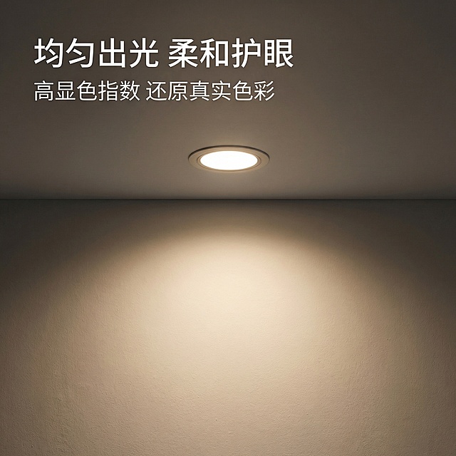 [垫图],["https://gd-ai-fts.dancf.com/35923218550859927/transfer/0211b5e08984400090221459480794975395344.png", "https://gd-ai-fts.dancf.com/35923218550859927/transfer/c14df017107047998461f438c1696ef85395307.png"]
[主图主题] 灯光效果展示
[氛围/风格] 温馨氛围感，展示真实灯光效果。
[画面元素] 关闭房间其他光源，只点亮嵌入式安装的这款筒灯，暖白色光线均匀照射在墙面，形成柔和光晕，展示出灯光均匀不频闪的效果，筒灯嵌入吊顶，自然融入空间，整体光影柔和舒适。
[配色色系] 暗调空间，暖白色光线为主，浅灰色吊顶，营造温馨氛围感。
[视角构图] 平视展示安装后的墙面效果，焦点在灯光出光处，自然景深。
[文字版式] 顶部标题 "均匀出光 柔和护眼" ，副标题 "高显色指数 还原真实色彩" 悬浮在画面左上角，文字不遮挡核心灯光效果，保持画面通透感。
[分辨率] 2k