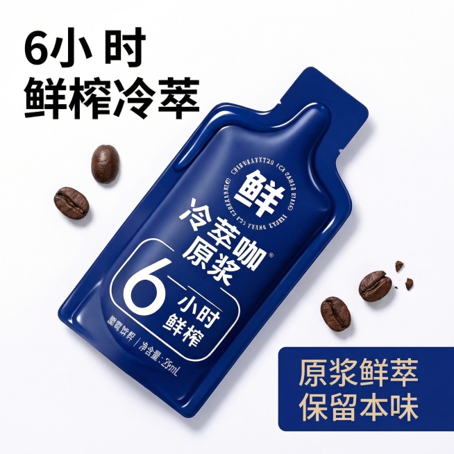 [主图 3] 冷小知浓缩咖啡液细节特写，突出产品包装质感和工艺
[氛围/风格] 微距特写，高级质感，干净通透，清晰细节
[画面元素] 冷小知咖啡液独立包装斜放在白色背景上，特写展示包装上的文字信息和包预览效果
